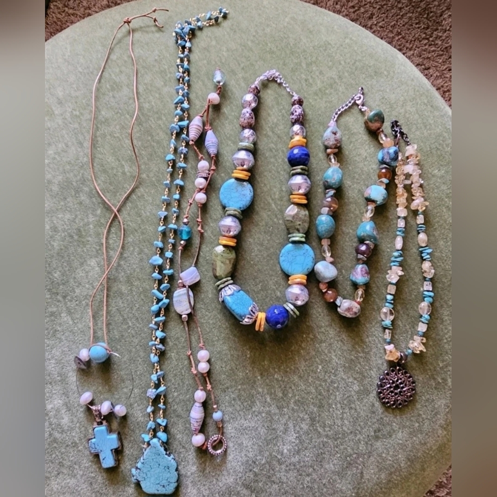 Chico's Women's 6 Piece Turquoise Blue Chunky Pendant Necklace Collection Lot